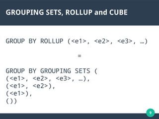 9
GROUPING SETS, ROLLUP and CUBE
GROUP BY ROLLUP (<e1>, <e2>, <e3>, …)
=
GROUP BY GROUPING SETS (
(<e1>, <e2>, <e3>, …),
(<e1>, <e2>),
(<e1>),
())
 