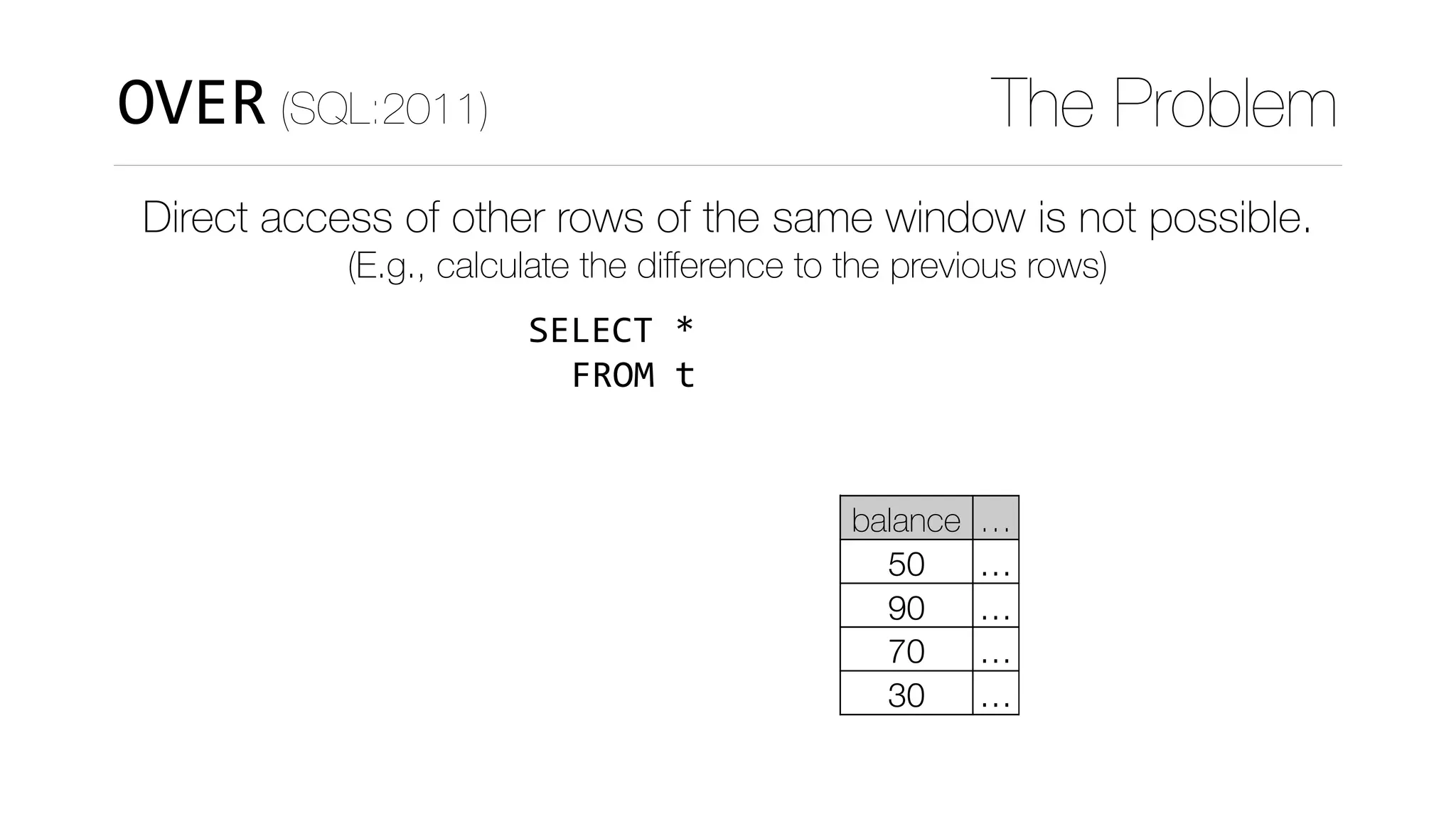 WITH	numbered_t	AS	(SELECT	*	
																								
																												)	
SELECT	curr.*	
					,	curr.balance	
							-	COALESCE(prev.balance,0)	
		FROM						numbered_t	curr	
		LEFT	JOIN	numbered_t	prev	
				ON	(curr.rn	=	prev.rn+1)
OVER (SQL:2011) The Problem
Direct access of other rows of the same window is not possible.
(E.g., calculate the diﬀerence to the previous rows)
curr
balance … rn
50 … 1
90 … 2
70 … 3
30 … 4
FROM	t
 