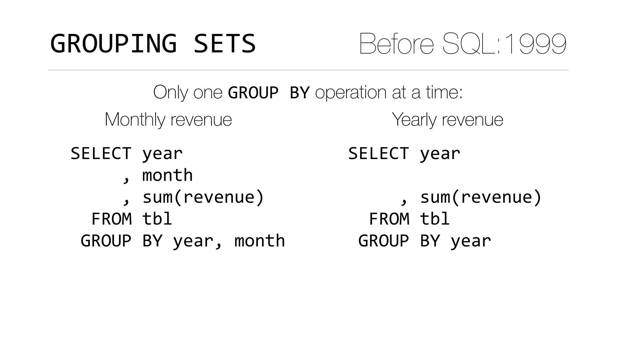 Only one GROUP	BY operation at a time:
GROUPING	SETS Before SQL:1999
SELECT	year	
					,	month	
					,	sum(revenue)	
		FROM	tbl	
	GROUP	BY	year,	month											
Monthly revenue Yearly revenue
SELECT	year	
					
					,	sum(revenue)	
		FROM	tbl	
	GROUP	BY	year											
 