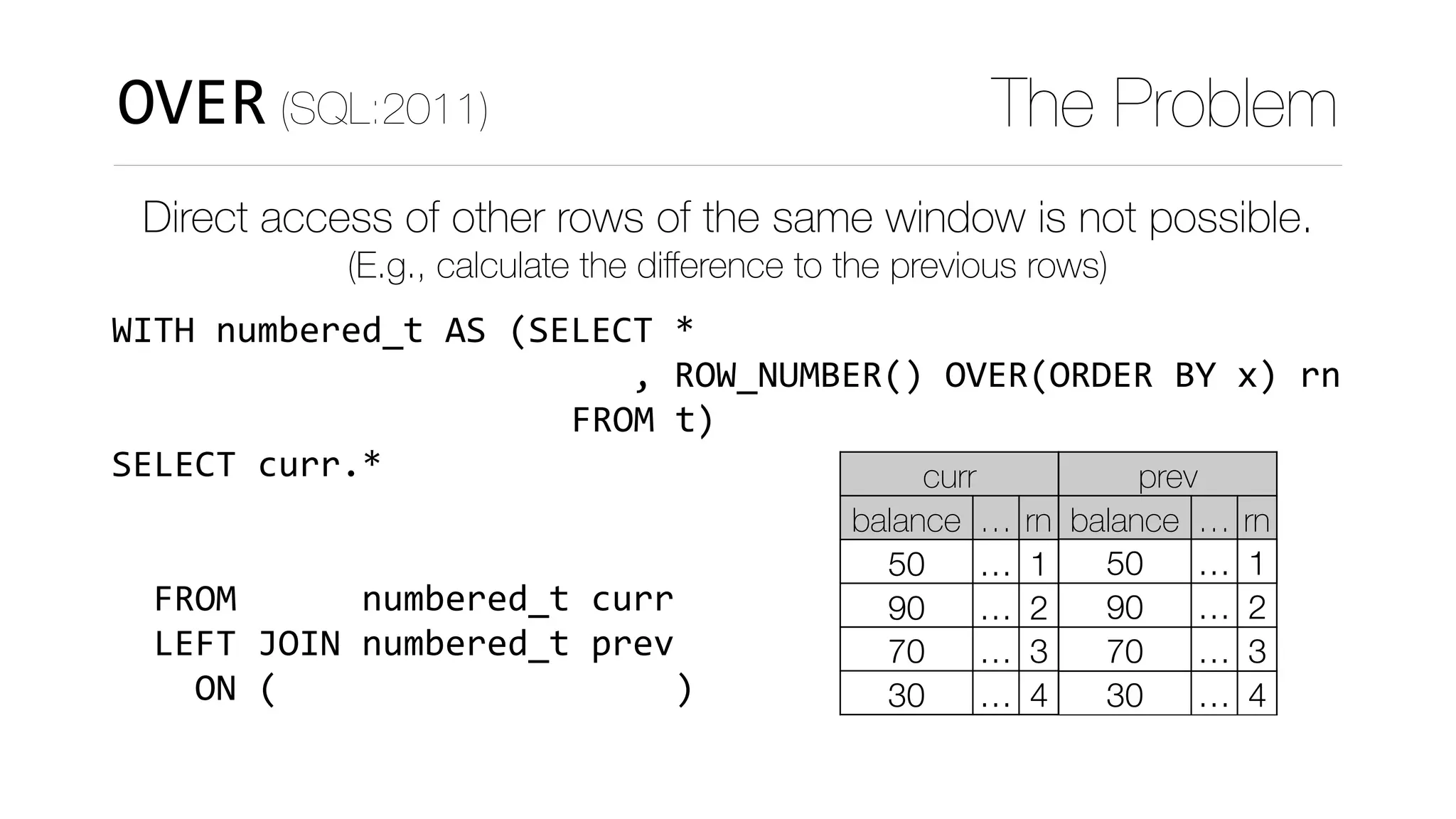 WITH	numbered_t	AS	(SELECT	*	
																								
																												)	
SELECT	curr.*	
					,	curr.balance	
							-	COALESCE(prev.balance,0)	
		FROM						numbered_t	curr	
		LEFT	JOIN	numbered_t	prev	
				ON	(curr.rn	=	prev.rn+1)
OVER (SQL:2011) The Problem
Direct access of other rows of the same window is not possible.
(E.g., calculate the diﬀerence to the previous rows)
curr
balance … rn
50 … 1
90 … 2
70 … 3
30 … 4
FROM	t
,	ROW_NUMBER()	OVER(ORDER	BY	x)	rn
prev
balance … rn
50 … 1
90 … 2
70 … 3
30 … 4
 