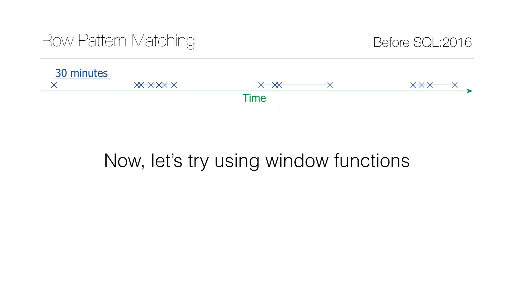 Row Pattern Matching Before SQL:2016
Time
30 minutes
Now, let’s try using window functions
 