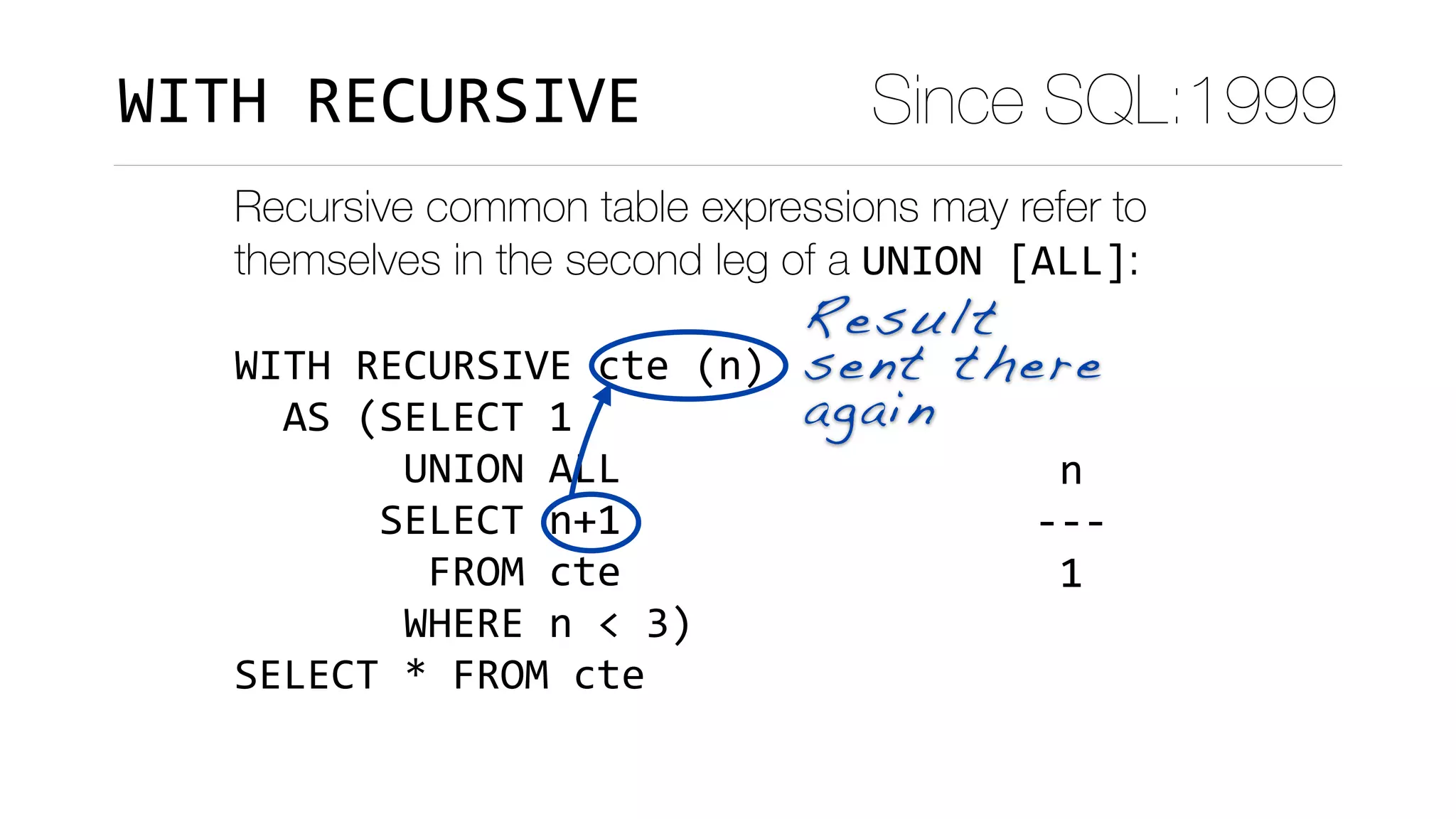 Recursive common table expressions may refer to
themselves in the second leg of a UNION	[ALL]:
WITH	RECURSIVE	cte	(n)	
		AS	(SELECT	1	
							UNION	ALL	
						SELECT	n+1	
								FROM	cte	
							WHERE	n	<	3)	
SELECT	*	FROM	cte
	n		
---	
	1	
	2	
	3	
(3	rows)
Result
sent there
again
Since SQL:1999WITH	RECURSIVE
 