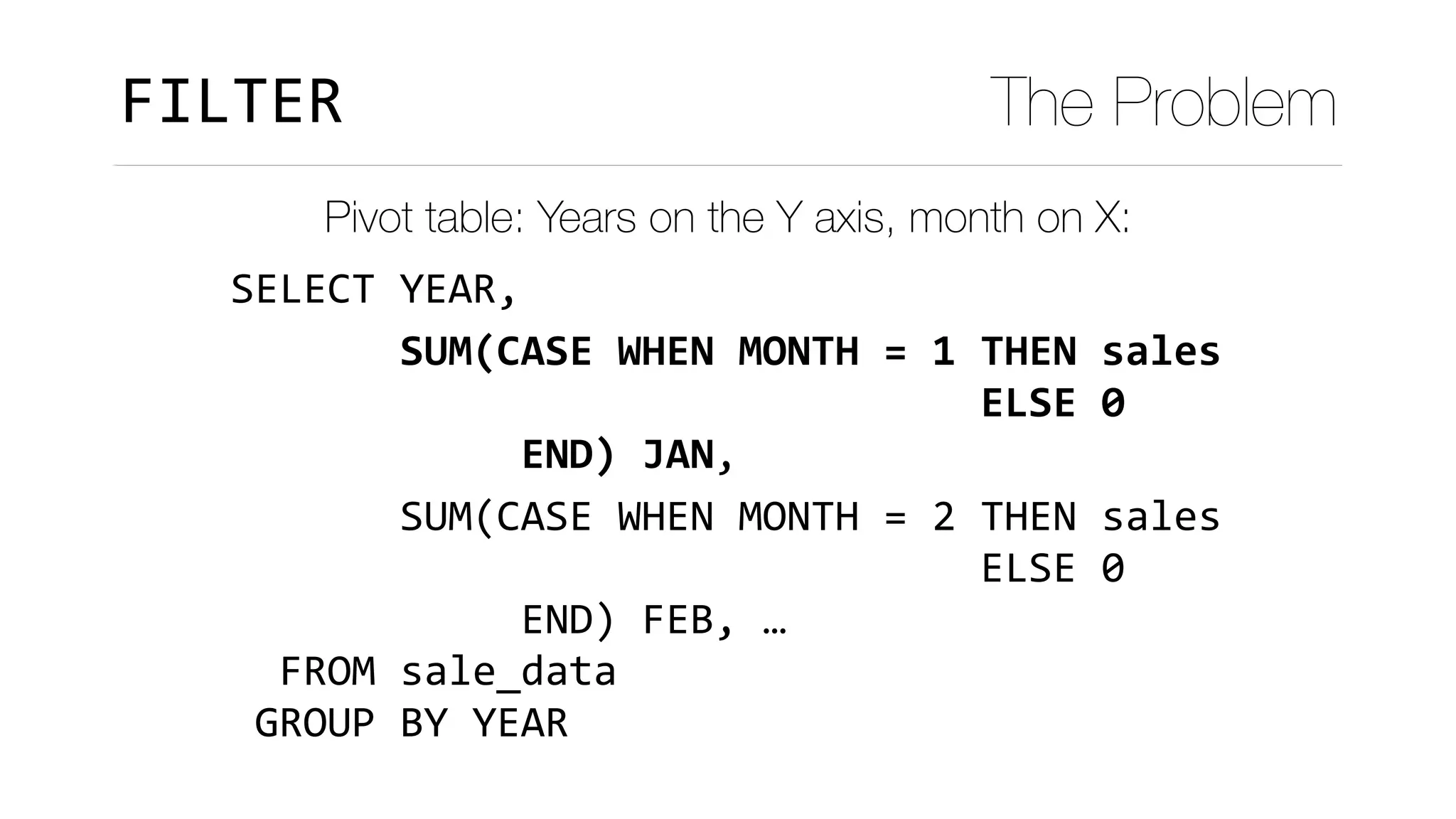 SELECT	YEAR,		
							SUM(CASE	WHEN	MONTH	=	1	THEN	sales 
																															ELSE	0 
												END)	JAN,	
							SUM(CASE	WHEN	MONTH	=	2	THEN	sales 
																															ELSE	0 
												END)	FEB,	…	
		FROM	sale_data	
	GROUP	BY	YEAR
FILTER The Problem
Pivot table: Years on the Y axis, month on X:
 