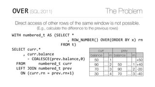 WITH	numbered_t	AS	(SELECT	*	
																								
																												)	
SELECT	curr.*	
					,	curr.balance	
							-	COALESCE(prev.balance,0)	
		FROM						numbered_t	curr	
		LEFT	JOIN	numbered_t	prev	
				ON	(curr.rn	=	prev.rn+1)
OVER (SQL:2011) The Problem
Direct access of other rows of the same window is not possible.
(E.g., calculate the diﬀerence to the previous rows)
curr
balance … rn
50 … 1
90 … 2
70 … 3
30 … 4
FROM	t
,	ROW_NUMBER()	OVER(ORDER	BY	x)	rn
prev
balance … rn
50 … 1
90 … 2
70 … 3
30 … 4
+50
+40
-20
-40
 