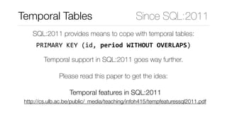 SQL:2011 provides means to cope with temporal tables: 
 
PRIMARY	KEY	(id,	period	WITHOUT	OVERLAPS)
Temporal Tables Since SQL:2011
Temporal support in SQL:2011 goes way further.
Please read this paper to get the idea:
Temporal features in SQL:2011
http://cs.ulb.ac.be/public/_media/teaching/infoh415/tempfeaturessql2011.pdf
 