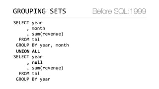 GROUPING	SETS Before SQL:1999
SELECT	year	
					,	month	
					,	sum(revenue)	
		FROM	tbl	
	GROUP	BY	year,	month											
SELECT	year	
					
					,	sum(revenue)	
		FROM	tbl	
	GROUP	BY	year											
UNION	ALL	
				,	null
 