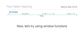 Row Pattern Matching Before SQL:2016
Time
30 minutes
Now, let’s try using window functions
 