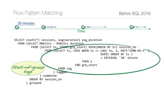 SELECT	count(*)	sessions,	avg(duration)	avg_duration	
		FROM	(SELECT	MAX(ts)	-	MIN(ts)	duration	
										FROM	(SELECT	ts,	COUNT(grp_start)	OVER(ORDER	BY	ts)	session_no	
																		FROM	(SELECT	ts,	CASE	WHEN	ts	>=	LAG(	ts,	1,	DATE’1900-01-1'	)	
																																																			OVER(	ORDER	BY	ts	)	
																																																			+	INTERVAL	'30'	minute	
																																								THEN	1	
																																				END	grp_start	
																										FROM	log	
																							)	tagged	
															)	numbered	
									GROUP	BY	session_no	
							)	grouped
Row Pattern Matching Before SQL:2016
Time
30 minutes
Start-of-group
tags
 