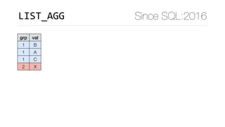 Since SQL:2016
grp val
1 B
1 A
1 C
2 X
LIST_AGG
 