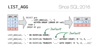 Since SQL:2016
grp val
1 B
1 A
1 C
2 X
grp val
1 A, B, C
2 X
SELECT	grp	
					,	LIST_AGG(val,	',	') 
							WITHIN	GROUP	(ORDER	BY	val)	
		FROM	t	
	GROUP	BY	grp
LIST_AGG(val,	',	'	ON	OVERFLOW	TRUNCATE	'...'	WITH	COUNT)	➔	'A,	B,	...(1)'
LIST_AGG(val,	',	'	ON	OVERFLOW	ERROR)
Default
LIST_AGG
LIST_AGG(val,	',	'	ON	OVERFLOW	TRUNCATE	'...'	WITHOUT	COUNT)	➔	'A,	B,	...'
Default
 