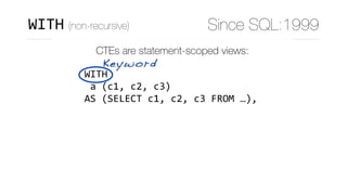 CTEs are statement-scoped views:
WITH	
	a	(c1,	c2,	c3)	
AS	(SELECT	c1,	c2,	c3	FROM	…),	
	b	(c4,	…)	
AS	(SELECT	c4,	…	
						FROM	t1	
						JOIN	a	
								ON	(…)	
			),	
Keyword
WITH (non-recursive) Since SQL:1999
 