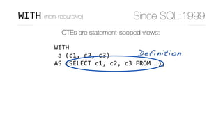 CTEs are statement-scoped views:
WITH	
	a	(c1,	c2,	c3)	
AS	(SELECT	c1,	c2,	c3	FROM	…),	
	b	(c4,	…)	
AS	(SELECT	c4,	…	
						FROM	t1	
						JOIN	a	
								ON	(…)	
			),	
Definition
WITH (non-recursive) Since SQL:1999
 