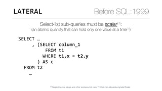 Select-list sub-queries must be scalar[0]:
LATERAL Before SQL:1999
SELECT	…	
					,	(SELECT	column_1	
										FROM	t1	
									WHERE	t1.x	=	t2.y	
							)	AS	c	
		FROM	t2	
				…											
(an atomic quantity that can hold only one value at a time[1])
[0] Neglecting row values and other workarounds here; [1] https://en.wikipedia.org/wiki/Scalar
 