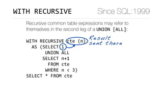 Recursive common table expressions may refer to
themselves in the second leg of a UNION	[ALL]:
WITH	RECURSIVE	cte	(n)	
		AS	(SELECT	1	
							UNION	ALL	
						SELECT	n+1	
								FROM	cte	
							WHERE	n	<	3)	
SELECT	*	FROM	cte
Result
sent there
Since SQL:1999WITH	RECURSIVE
 