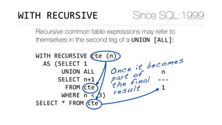 Recursive common table expressions may refer to
themselves in the second leg of a UNION	[ALL]:
WITH	RECURSIVE	cte	(n)	
		AS	(SELECT	1	
							UNION	ALL	
						SELECT	n+1	
								FROM	cte	
							WHERE	n	<	3)	
SELECT	*	FROM	cte
	n		
---	
	1	
	2	
	3	
(3	rows)
Once it becomes
part of 
the final 
result
Since SQL:1999WITH	RECURSIVE
 