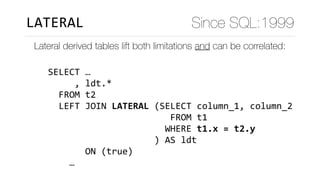 Lateral derived tables lift both limitations and can be correlated:
LATERAL Since SQL:1999
SELECT	…	
					,	ldt.*	
		FROM	t2	
		LEFT	JOIN	LATERAL	(SELECT	column_1,	column_2	
																							FROM	t1	
																						WHERE	t1.x	=	t2.y	
																				)	AS	ldt	
							ON	(true)	
				…											
 