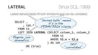 Lateral derived tables lift both limitations and can be correlated:
LATERAL Since SQL:1999
SELECT	…	
					,	ldt.*	
		FROM	t2	
		LEFT	JOIN	LATERAL	(SELECT	column_1,	column_2	
																							FROM	t1	
																						WHERE	t1.x	=	t2.y	
																				)	AS	ldt	
							ON	(true)	
				…											
“Derived table” means 
it’s in the 
FROM/JOIN clause
Still
“correlated”
Regular join
semantics
 