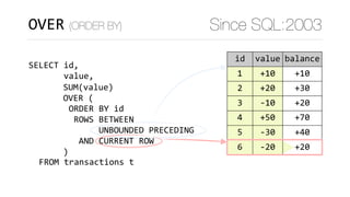 OVER (ORDER BY) Since SQL:2003
SELECT	id,	
							value,
	FROM	transactions	t
SUM(value)	
OVER	(	
)
acnt id value balance
1 1 +10 +10
22 2 +20 +30
22 3 -10 +20
333 4 +50 +70
333 5 -30 +40
333 6 -20 +20
ORDER	BY	id	
	ROWS	BETWEEN 
						UNBOUNDED	PRECEDING	
		AND	CURRENT	ROW
 