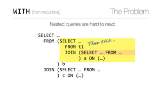Then this...
WITH (non-recursive) The Problem
Nested queries are hard to read:
SELECT	…	
		FROM	(SELECT	…	
										FROM	...