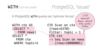 CTE	Scan	on	cte	
	(rows=6370)	
	Filter:	topic	=	1	
	CTE	cte	
	->	Seq	Scan	on	news	
				(rows=10000001)
PostgreSQL “issues”...