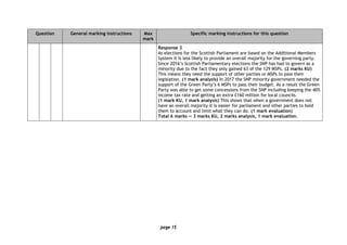 page 15
Question General marking instructions Max
mark
Specific marking instructions for this question
Response 3
As elections for the Scottish Parliament are based on the Additional Members
System it is less likely to provide an overall majority for the governing party.
Since 2016’s Scottish Parliamentary elections the SNP has had to govern as a
minority due to the fact they only gained 63 of the 129 MSPs. (2 marks KU)
This means they need the support of other parties or MSPs to pass their
legislation. (1 mark analysis) In 2017 the SNP minority government needed the
support of the Green Party’s 6 MSPs to pass their budget. As a result the Green
Party was able to get some concessions from the SNP including keeping the 40%
income tax rate and getting an extra £160 million for local councils.
(1 mark KU, 1 mark analysis) This shows that when a government does not
have an overall majority it is easier for parliament and other parties to hold
them to account and limit what they can do. (1 mark evaluation)
Total 6 marks — 3 marks KU, 2 marks analysis, 1 mark evaluation.
 