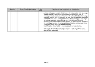 page 18
Question General marking principles Max
mark
Specific marking instructions for this question
politics, military and media in the UK where the rules work to their advantage.
(1 mark analysis) The privately-educated are also more likely to go to
university and to the best universities in the UK such as Oxford and Cambridge.
Graduates typically earn £12,000 more per year than non-graduates, equivalent
to £500,000 more over a working lifetime, but this earnings gap is even bigger
for Oxbridge graduates who on average earn £400,000 more than other
university graduates over their working lifetime. (2 marks KU) This shows that
the income gap between the privately-educated and the rest is a major factor
in inequality within the UK. (1 mark evaluation)
Total 7 marks — 4 marks KU, 1 mark analysis, 2 marks evaluation.
Note: apply the 6 mark maximum for response 3 as it only addresses one
point (private education).
 
