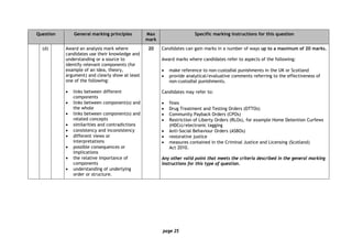 page 25
Question General marking principles Max
mark
Specific marking instructions for this question
(d) Award an analysis mark where
candidates use their knowledge and
understanding or a source to
identify relevant components (for
example of an idea, theory,
argument) and clearly show at least
one of the following:
• links between different
components
• links between component(s) and
the whole
• links between component(s) and
related concepts
• similarities and contradictions
• consistency and inconsistency
• different views or
interpretations
• possible consequences or
implications
• the relative importance of
components
• understanding of underlying
order or structure.
20 Candidates can gain marks in a number of ways up to a maximum of 20 marks.
Award marks where candidates refer to aspects of the following:
• make reference to non-custodial punishments in the UK or Scotland
• provide analytical/evaluative comments referring to the effectiveness of
non-custodial punishments.
Candidates may refer to:
• fines
• Drug Treatment and Testing Orders (DTTOs)
• Community Payback Orders (CPOs)
• Restriction of Liberty Orders (RLOs), for example Home Detention Curfews
(HDCs)/electronic tagging
• Anti-Social Behaviour Orders (ASBOs)
• restorative justice
• measures contained in the Criminal Justice and Licensing (Scotland)
Act 2010.
Any other valid point that meets the criteria described in the general marking
instructions for this type of question.
 