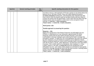 page 31
Question General marking principles Max
mark
Specific marking instructions for this question
too little to live on, with payments of 70 reais a person to any family below the
poverty line of 140 reais a month, hence not really helping end poverty.
(2 marks evaluation) Furthermore, some Brazilians have reported that they
have tried to claim the benefits paid out by Bolsa Familia and have failed to
receive any money from the government. Critics claim that this policy has had
limited success and non-payment is often down to the corruption of local
officials. (1 mark KU, 1 mark evaluation)
Total 6 marks — 3 marks KU, 3 marks evaluation.
World power: USA
Possible approach to answering this question:
Response — USA
Before the introduction of the Patient Protection and Affordable Care Act
(PPACA), or Obamacare as it was nicknamed, approximately 50 million
American citizens did not have health insurance because it was either
unaffordable or because employers were reducing the health coverage they
provided to workers. To assist the 15% of the population who were not covered
by their employers or by US healthcare programs such as Medicaid, Barack
Obama introduced healthcare reform which extended health coverage to those
who did not have it. By law, under Obamacare, all Americans must have health
insurance. This is either paid for by themselves, their employer or, if they
couldn’t afford it, the state. (3 marks KU) Since the introduction of the
Affordable Care Act, over twenty million people are estimated to have gained
healthcare coverage showing the policy has had some success in tackling health
issues in the USA. (1 mark KU, 1 mark evaluation)
Total 5 marks — 4 marks KU, 1 mark evaluation.
 