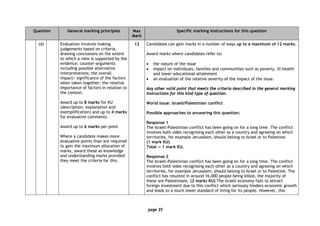 page 35
Question General marking principles Max
Mark
Specific marking instructions for this question
(d) Evaluation involves making
judgements based on criteria,
drawing conclusions on the extent
to which a view is supported by the
evidence; counter-arguments
including possible alternative
interpretations; the overall
impact/ significance of the factors
when taken together; the relative
importance of factors in relation to
the context.
Award up to 8 marks for KU
(description, explanation and
exemplification) and up to 4 marks
for evaluative comments.
Award up to 6 marks per point
Where a candidate makes more
evaluative points than are required
to gain the maximum allocation of
marks, award these as knowledge
and understanding marks provided
they meet the criteria for this.
12 Candidates can gain marks in a number of ways up to a maximum of 12 marks.
Award marks where candidates refer to:
• the nature of the issue
• impact on individuals, families and communities such as poverty, ill-health
and lower educational attainment
• an evaluation of the relative severity of the impact of the issue.
Any other valid point that meets the criteria described in the general marking
instructions for this kind type of question.
World issue: Israeli/Palestinian conflict
Possible approaches to answering this question:
Response 1
The Israeli-Palestinian conflict has been going on for a long time. The conflict
involves both sides recognising each other as a country and agreeing on which
territories, for example Jerusalem, should belong to Israel or to Palestine.
(1 mark KU)
Total — 1 mark KU.
Response 2
The Israeli-Palestinian conflict has been going on for a long time. The conflict
involves both sides recognising each other as a country and agreeing on which
territories, for example Jerusalem, should belong to Israel or to Palestine. The
conflict has resulted in around 16,000 people being killed, the majority of
these are Palestinians. (2 marks KU) The Israeli economy fails to attract
foreign investment due to this conflict which seriously hinders economic growth
and leads to a much lower standard of living for its people. However, this
 