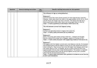 page 08
Question General marking instructions Max
mark
Specific marking instructions for this question
The influence of age on voting behaviour.
Response 4
Source B shows that nearly three quarters of voters aged 65 plus voted No.
However, there were more Yes voters in the age brackets 16–24, 25–34, 35–44
and 45–54 but the margin was much narrower. This shows that age was a
factor particularly within older voters and encouraged them to vote No.
Total — 2 marks (synthesis of information within Source B).
The link between turnout and regional voting.
Response 5
Turnout was generally lowest in regions that voted Yes.
Total — 0 marks (valid conclusion but no evidence).
Response 6
Both of the areas with lowest turnout voted Yes — Glasgow and Dundee.
Source A shows 53·5% voted Yes in Glasgow, based on a turnout of 75%.
Total — 1 mark (valid conclusion with supporting evidence from Source A).
Response 7
The regions with the highest turnout were most likely to vote No, for example
East Dunbartonshire had the highest turnout at 91% with almost two thirds of
voters voting No. Their turnout was a full 16% higher than Glasgow which had
the lowest figure at 75%. In Glasgow, 46·5% of voters voted No which was
approximately 16% less than in East Dunbartonshire. This pattern is repeated
in East Renfrewshire which had the second highest turnout and in Dundee
which had the second lowest turnout.
Total — 3 marks (valid conclusion with synthesis of evidence across Sources
A and C and evaluation).
 