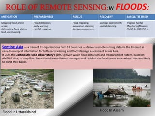 IN

FLOODS:

MITIGATION

PREPAREDNESS

RESCUE

RECOVERY

SATELLITES USED

Mapping flood-prone
areas;
delineating flood-plains;
land-use mapping.

Flood detection;
early warning;
rainfall mapping.

Flood mapping;
evacuation planning;
damage assessment.

Damage assessment;
spatial planning.

Tropical Rainfall
Monitoring Mission;
AMSR-E; KALPANA I;

Sentinel Asia — a team of 51 organisations from 18 countries — delivers remote sensing data via the Internet as
easy-to-interpret information for both early warning and flood damage assessment across Asia.
It uses the Dartmouth Flood Observatory's (DFO's) River Watch flood detection and measurement system, based on
AMSR-E data, to map flood hazards and warn disaster managers and residents in flood-prone areas when rivers are likely
to burst their banks.

Flood In Uttarakhand

Flood In Assam

 