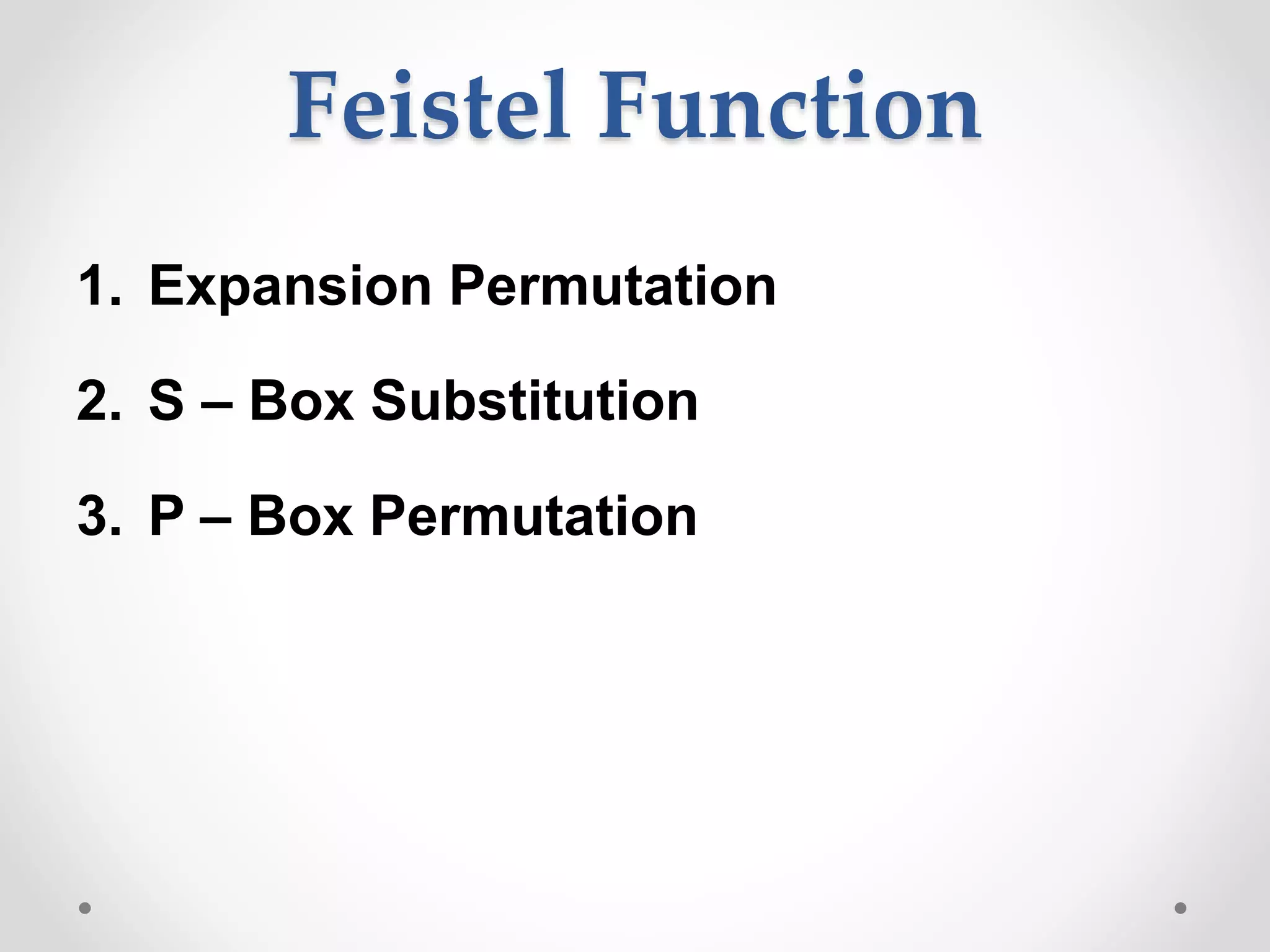 Feistel Function
1. Expansion Permutation
2. S – Box Substitution
3. P – Box Permutation
 