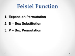 Feistel Function
1. Expansion Permutation
2. S – Box Substitution
3. P – Box Permutation
 