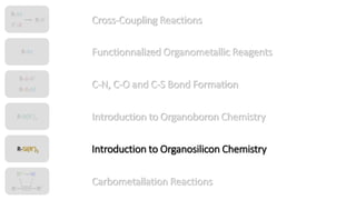 R-M
R-X-R’
R-X-M
R-B(R’)2
R-Si(R’)3
Cross-Coupling Reactions
Functionnalized Organometallic Reagents
C-N, C-O and C-S Bond Formation
Introduction to Organoboron Chemistry
Introduction to Organosilicon Chemistry
Carbometallation Reactions
R-M
R’-X
R-R’
 