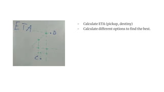 - Calculate ETA (pickup, destiny)
- Calculate different options to find the best.
 