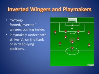 • “Wrong-
footed/Inverted”
wingers coming inside.
• Playmakers underneath
striker(s), on the flank
or in deep-lying
positions.
 
