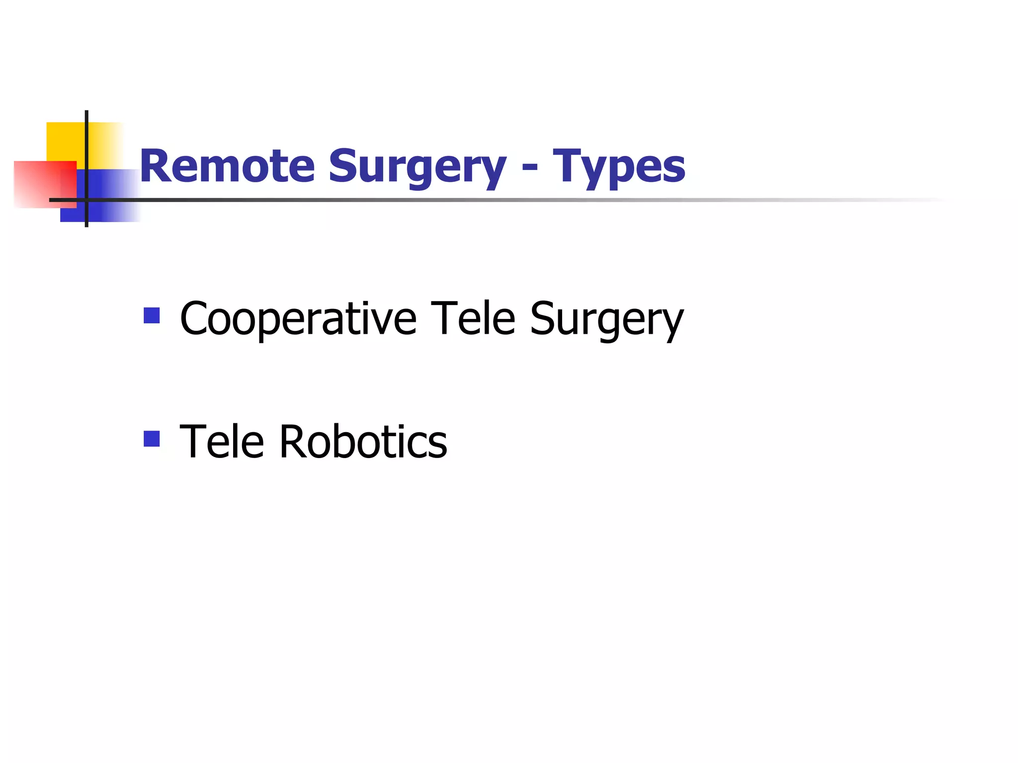 Cooperative Tele Surgery Tele Robotics Remote Surgery - Types 