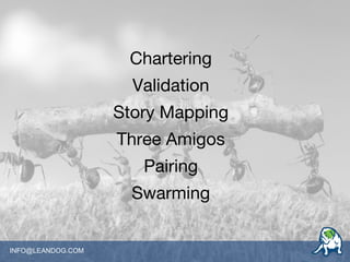 INFO@LEANDOG.COM
Chartering
Validation
Story Mapping
Three Amigos
Pairing
Swarming
 