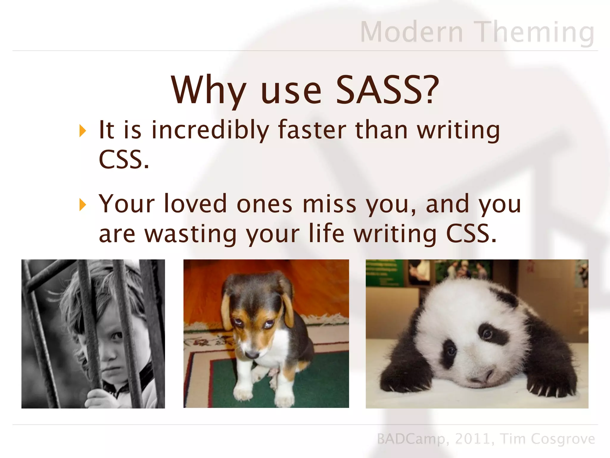Modern Theming

        Why use SASS?
‣ It is incredibly faster than writing
  CSS.
‣ Your loved ones miss you, and you
  are wasting your life writing CSS.




                          BADCamp, 2011, Tim Cosgrove
 