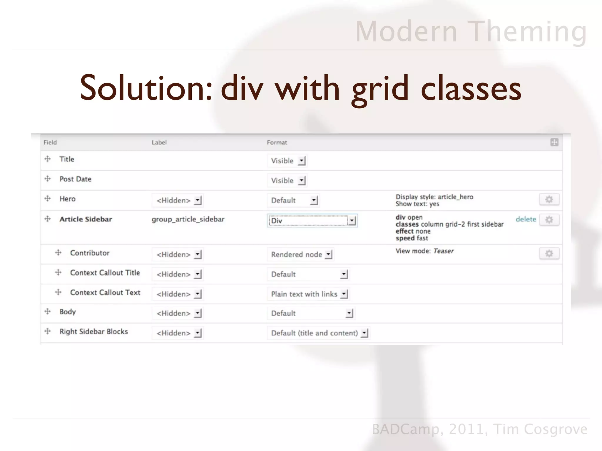 Modern Theming

Solution: div with grid classes




                    BADCamp, 2011, Tim Cosgrove
 