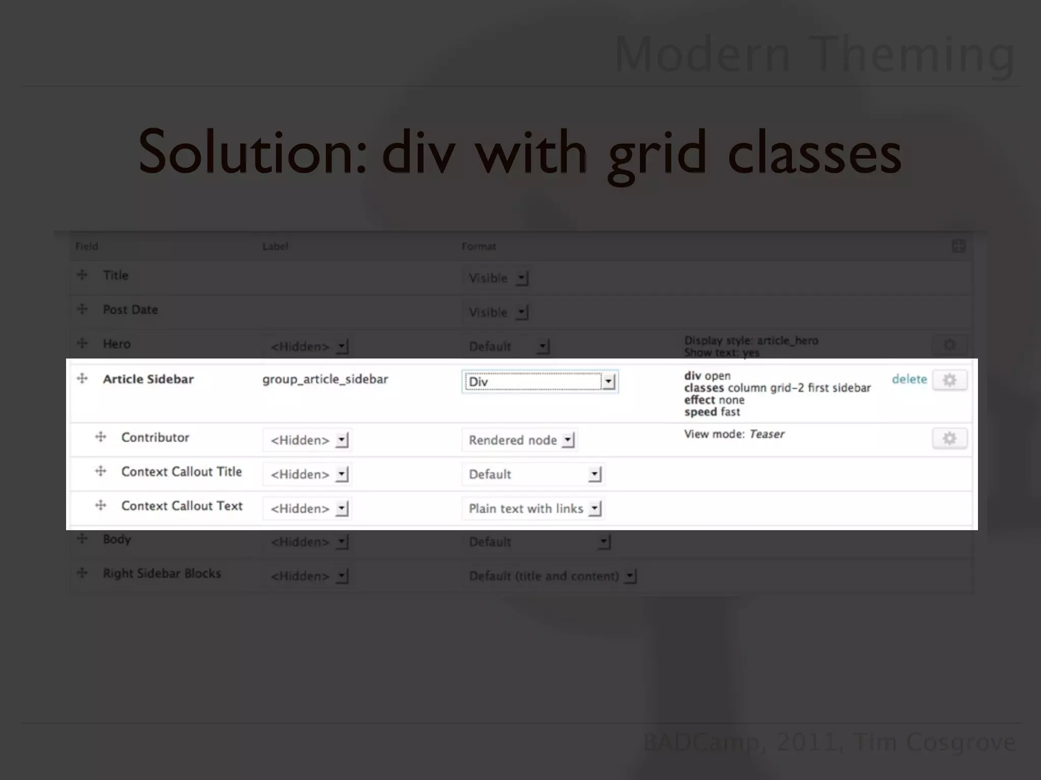 Modern Theming

Solution: div with grid classes




                    BADCamp, 2011, Tim Cosgrove
 