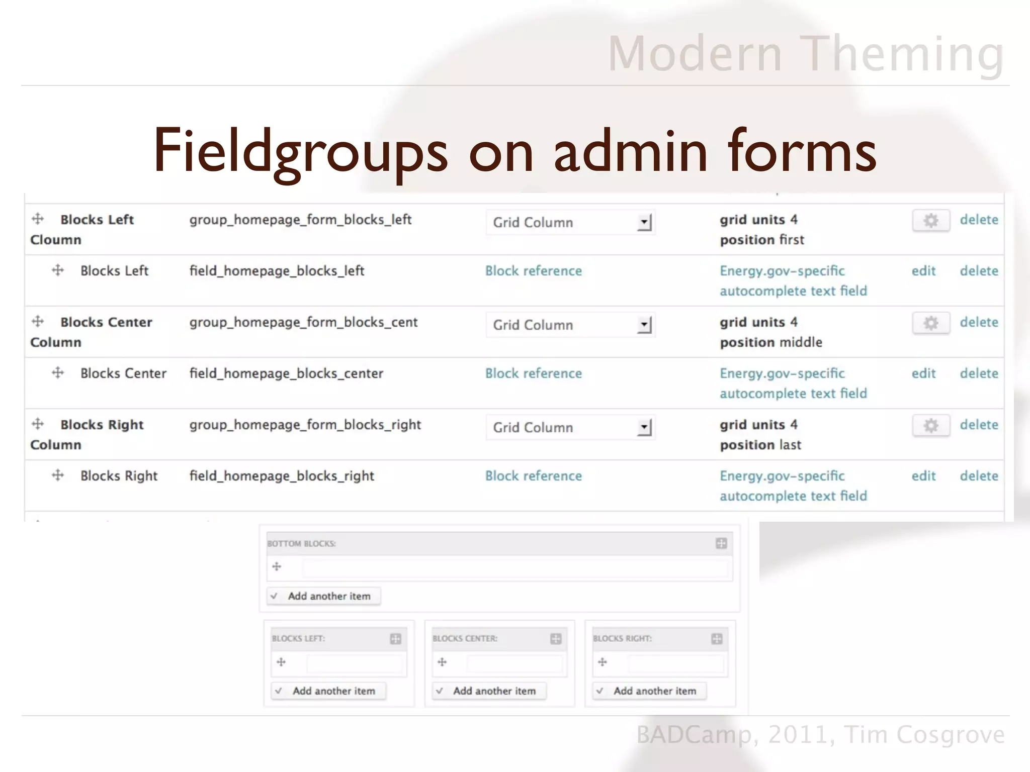Modern Theming

Fieldgroups on admin forms




                 BADCamp, 2011, Tim Cosgrove
 