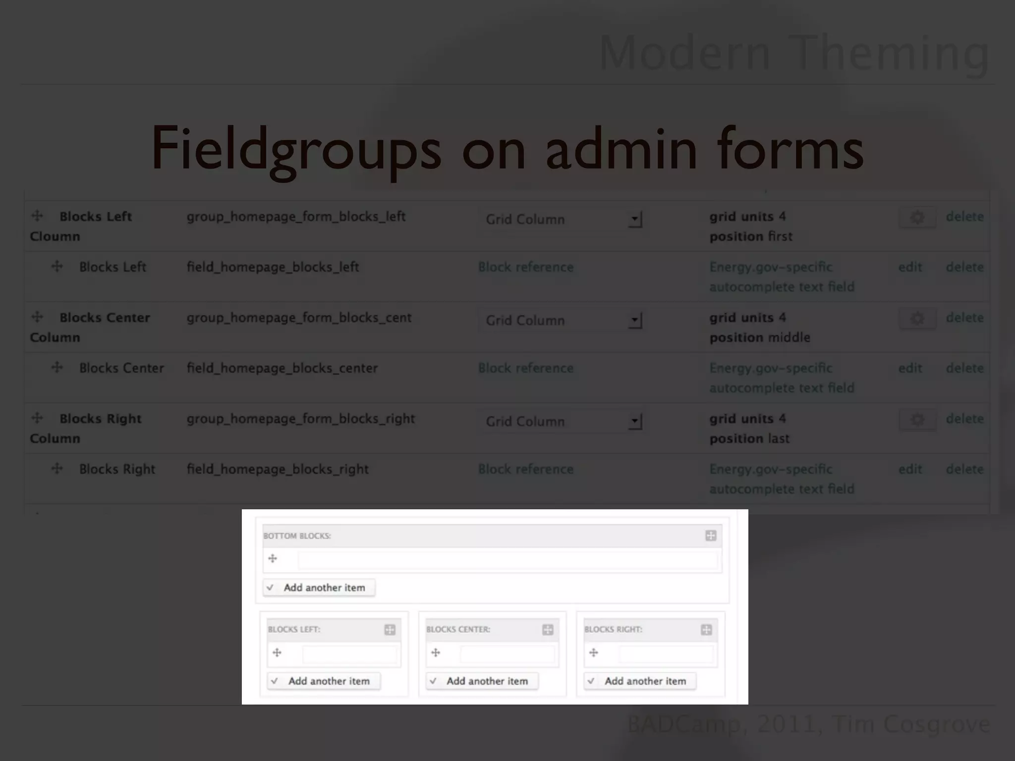 Modern Theming

Fieldgroups on admin forms




                 BADCamp, 2011, Tim Cosgrove
 