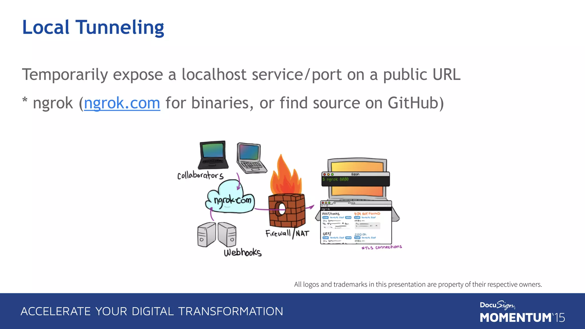 Local Tunneling
Temporarily expose a localhost service/port on a public URL
* ngrok (ngrok.com for binaries, or find source on GitHub)
All logos and trademarks in this presentation are property of their respective owners.
 