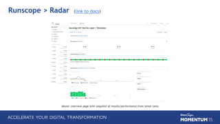 Runscope > Radar (link to docs)
Above: overview page with snapshot of results/performance from latest tests.
 