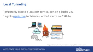 Local Tunneling
Temporarily expose a localhost service/port on a public URL
* ngrok (ngrok.com for binaries, or find source on GitHub)
All logos and trademarks in this presentation are property of their respective owners.
 