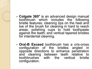 

Colgate 360° is an advanced design manual
toothbrush which includes the following
bristle features: cleaning tips on the heel and
toe of the brush for cleaning in hard to reach
areas; polishing cups to hold toothpaste
against the teeth; and vertical tapered bristles
for interdental cleaning.



Oral-B Exceed toothbrush has a cris-cross
configuration of the bristles angled in
opposite directions to enhance penetration
and cleaning between teeth relative to
toothbrushes with the vertical bristle
configuration.

 