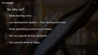 1313
So why so?
• Steep learning curve
• Low development speed => High development cost
• Weak advertising (comparing to others)
• Not very popular among startupers
• Very specific areas of usage
 