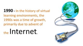 1990 - In the history of virtual
learning environments, the
1990s was a time of growth,
primarily due to advent of

the   Internet.
 