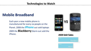 Technologies to Watch


Mobile Broadband
   Each year a new mobile phone is
   manufactured for every six people on the
   Planet. 2008 the iPhone out sold laptops
   2009 the Blackberry Storm out sold the
   iPhone.
 